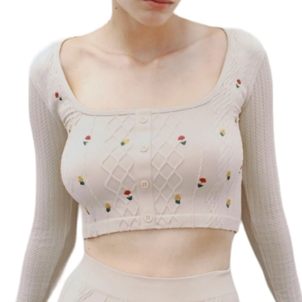 ZARA seamless floral embroidered long sleeve crop top NWT